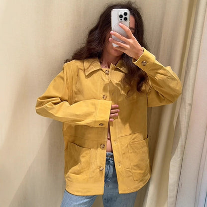 Women's Oversized Cotton Worker Jacket with Patch Pockets EVA-US