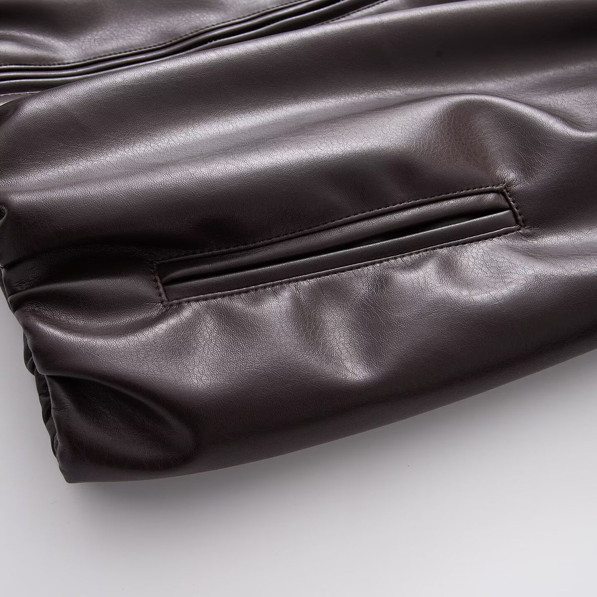 Women's Oversized Faux Leather Blouson Jacket with Collar, Zipper and Elastic Hem EVA-US