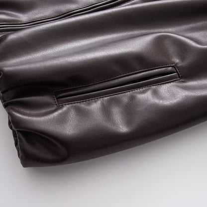 Women's Oversized Faux Leather Blouson Jacket with Collar, Zipper and Elastic Hem EVA-US