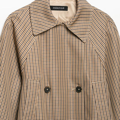 Women's short trench coat in Glencheck with boxy silhouette, tie belt and raglan sleeves EVA-US