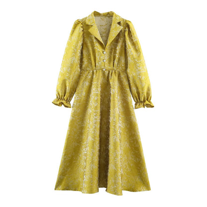Women's midi dress made of jacquard with puff sleeves, lapel collar, and fitted A-line cut EVA-US