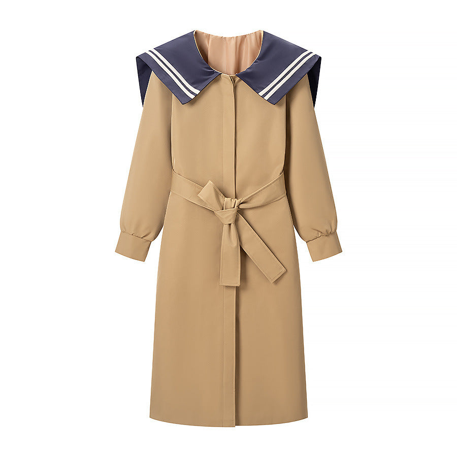 Women's trench coat with oversized sailor collar, waist belt, and concealed button placket EVA-US