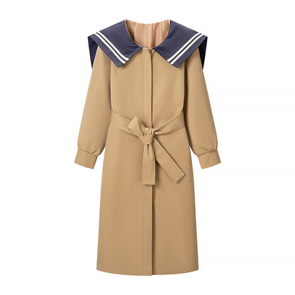 Women's trench coat with oversized sailor collar, waist belt, and concealed button placket EVA-US