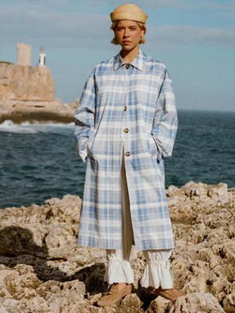 Women's Checked Lightweight Trench Coat with Mid-Length Oversized Silhouette EVA-US