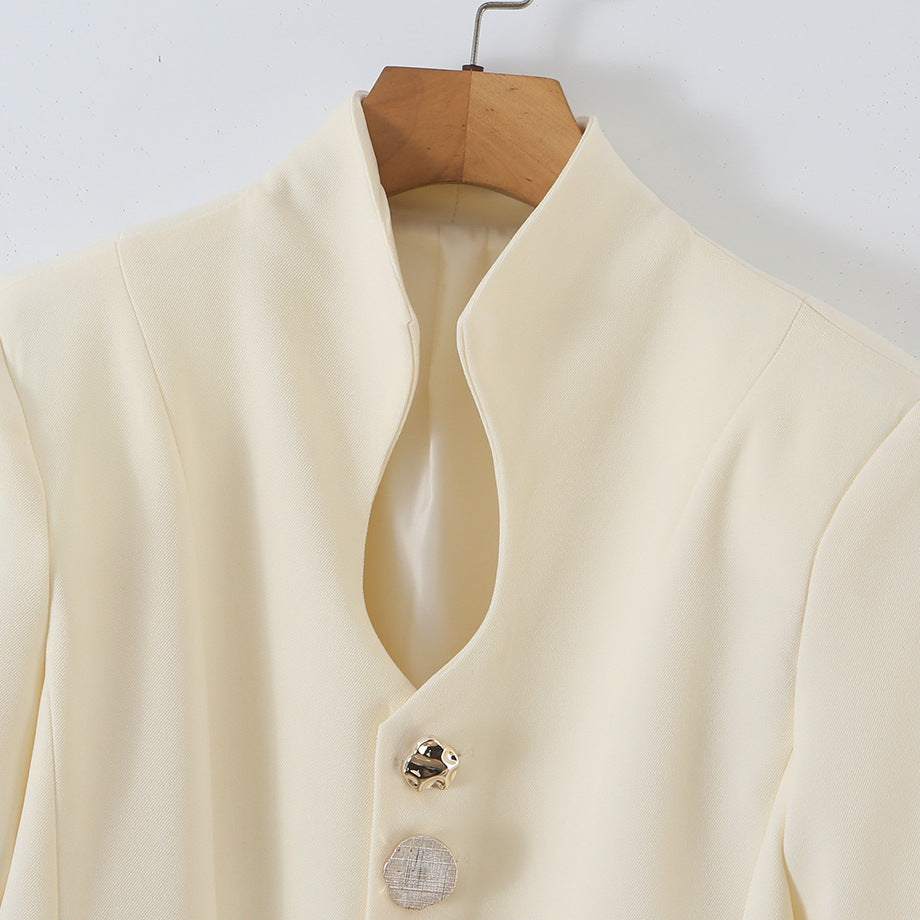 Women's Tailored Peplum Blazer with Stand Collar and Decorative Button Placket EVA-US