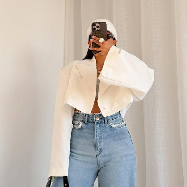 Women Cropped Boxy Short Blazer with Boxy Silhouette and Extra Long Sleeves EVA-US
