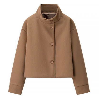 Women's 9800+ short boxy wool blend jacket with high funnel collar, asymmetrical button placket and adjustable cuffs EVA-US