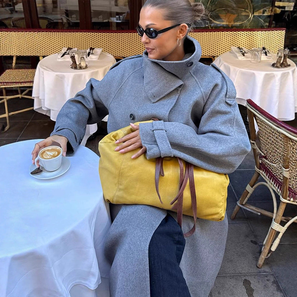 Women Oversize Coat made of Wool Blend with High Standing Collar and Asymmetrical Button Placket EVA-US