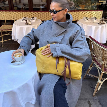 Women Oversize Coat made of Wool Blend with High Standing Collar and Asymmetrical Button Placket EVA-US