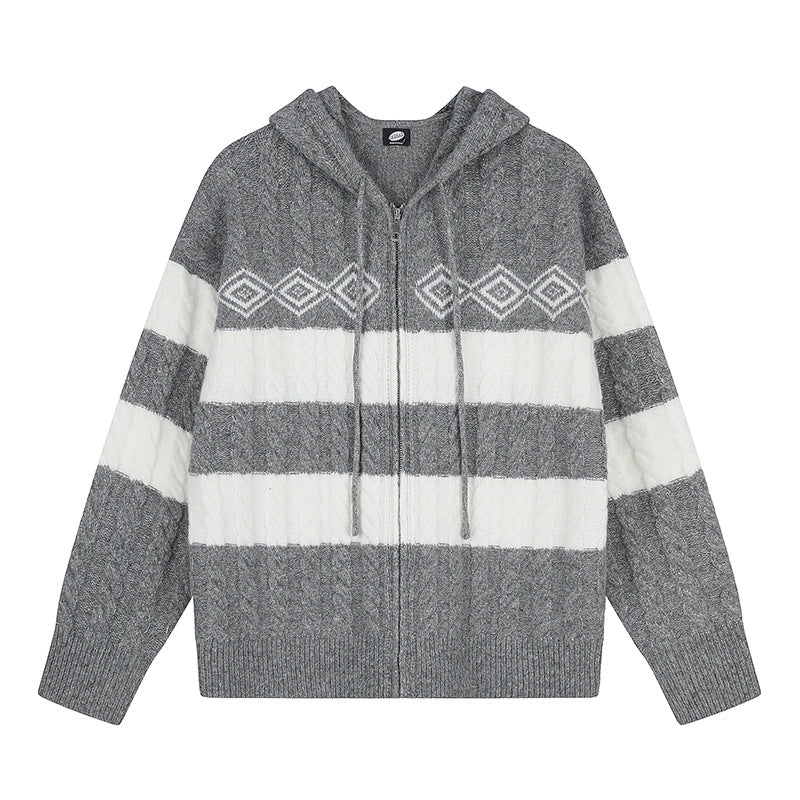 Women's chunky knit hooded cardigan with cable knit, block stripes, and full-length zipper EVA-US