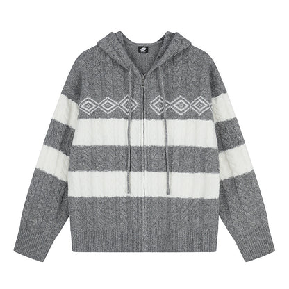 Women's chunky knit hooded cardigan with cable knit, block stripes, and full-length zipper EVA-US