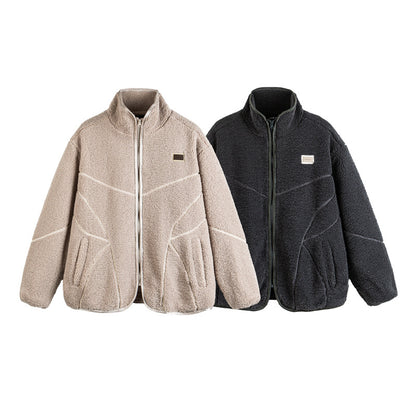 Unisex Teddy-Fleece-Bomber Jacket with Stand Collar and Geometric Seam Design EVA-US