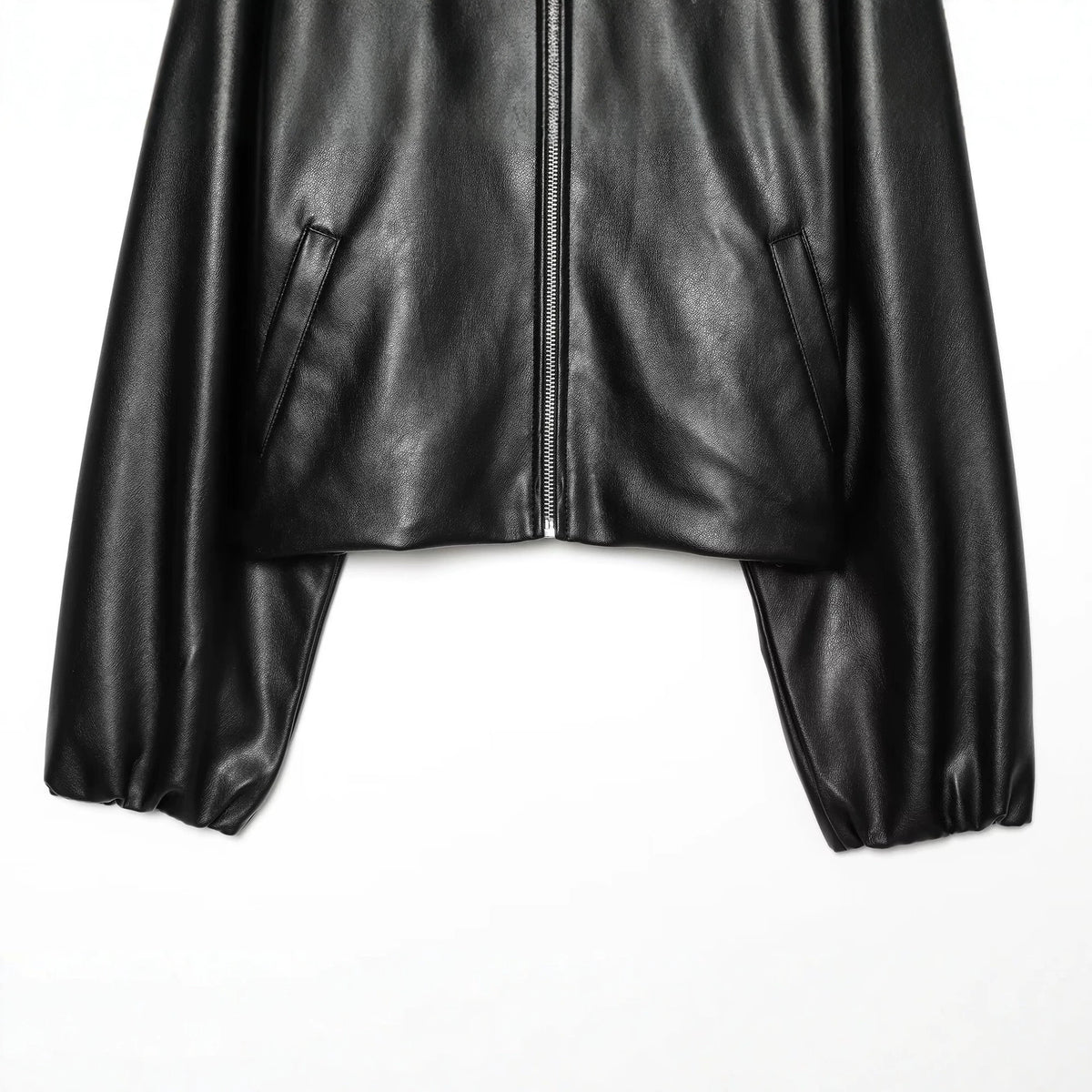 Ladies Cropped Faux Leather Jacket with Stand Collar and Zip Closure EVA-US