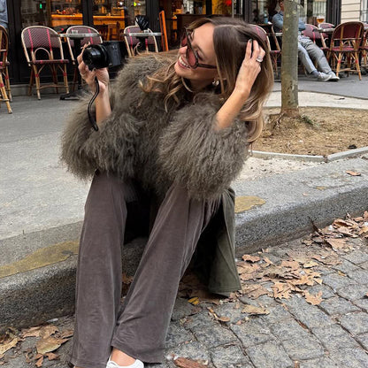 Ladies mid-length wrap coat in faux suede with oversized fur collar and voluminous fur cuffs EVA-US