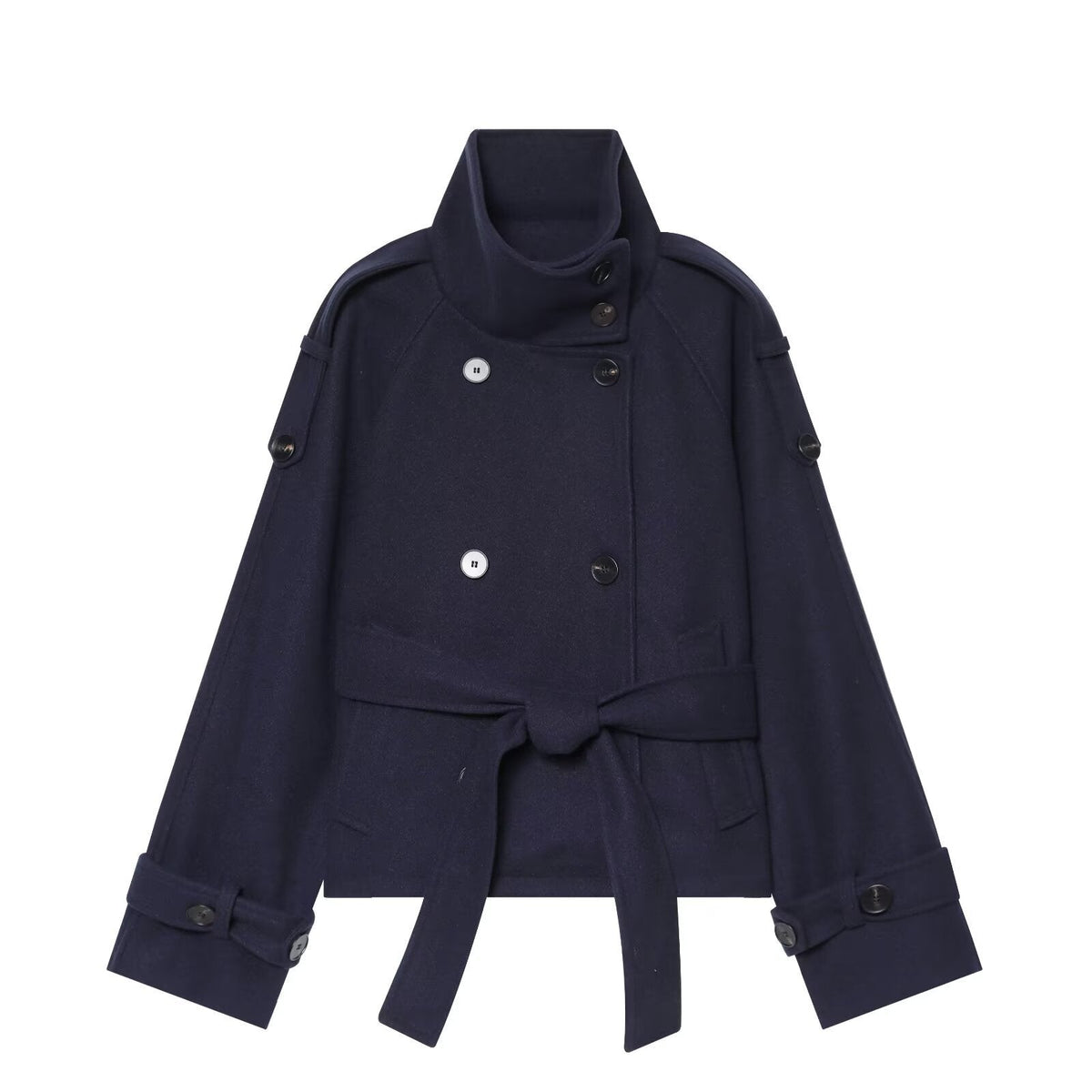 Women short double-breasted cape coat made of wool with stand-up collar shoulder epaulettes and tie belt EVA-US