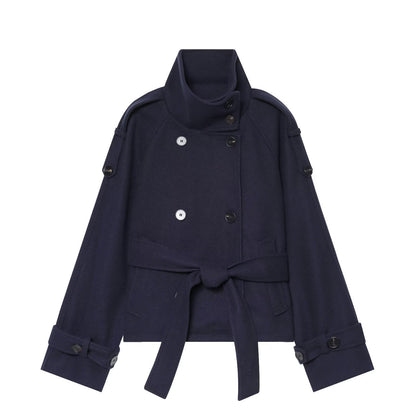 Women short double-breasted cape coat made of wool with stand-up collar shoulder epaulettes and tie belt EVA-US