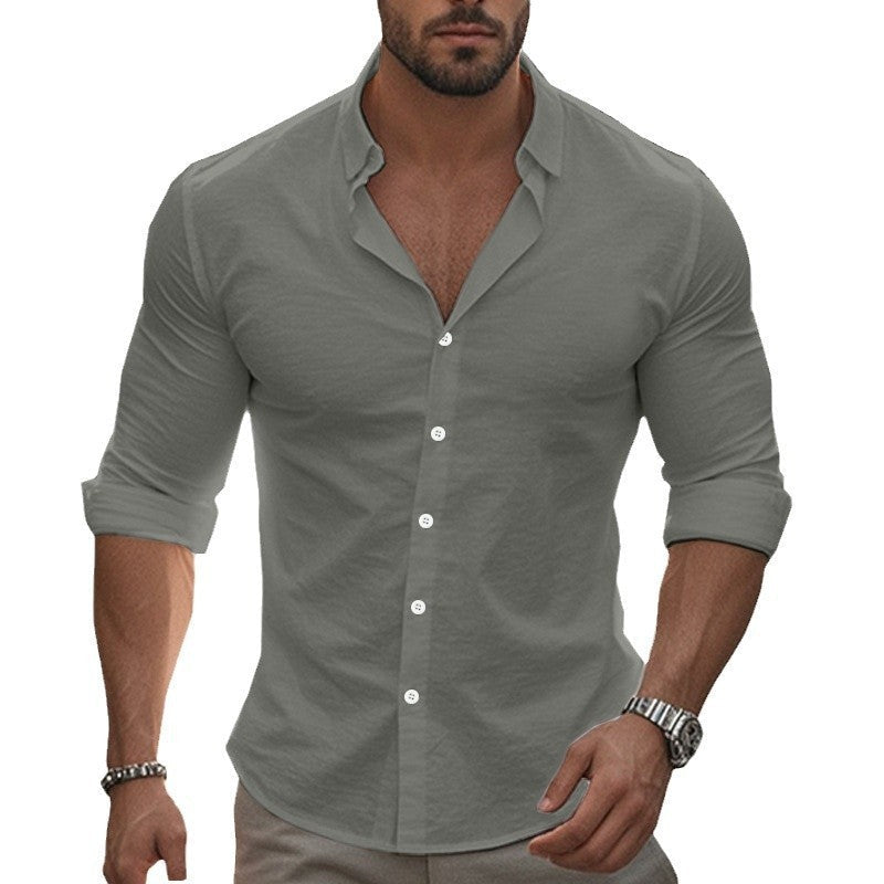 Men's fitted stretch shirt with stand-up collar, slim fit and rolled-up sleeves EVA-US