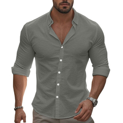 Men's fitted stretch shirt with stand-up collar, slim fit and rolled-up sleeves EVA-US