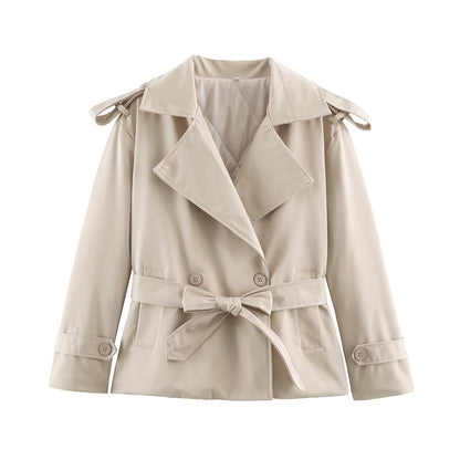 Women's Tailored Short Trench Coat with Tie Belt and Shoulder Patches EVA-US