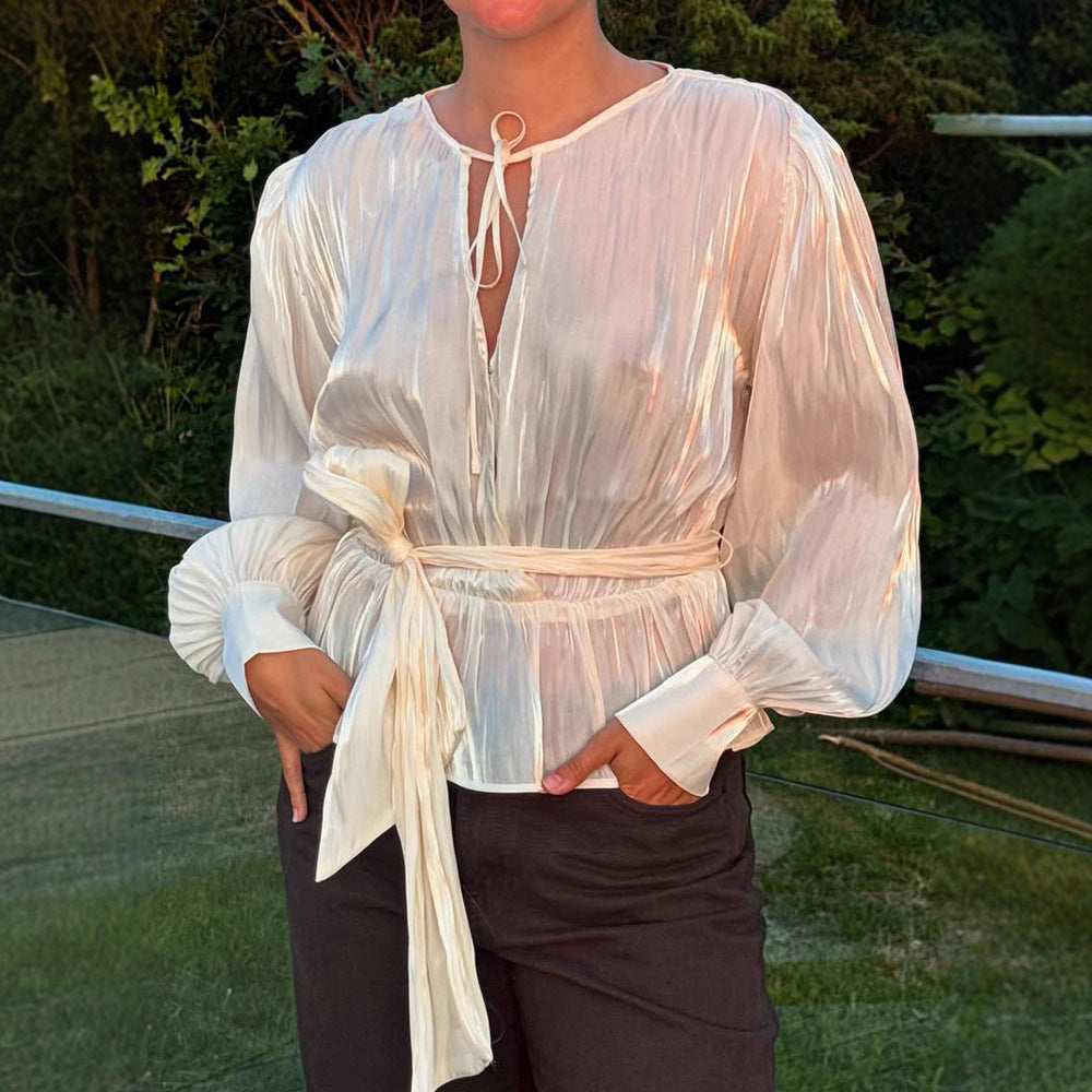 Women Elegant Wrap Blouse with Tie Belt and Voluminous Balloon Sleeves EVA-US