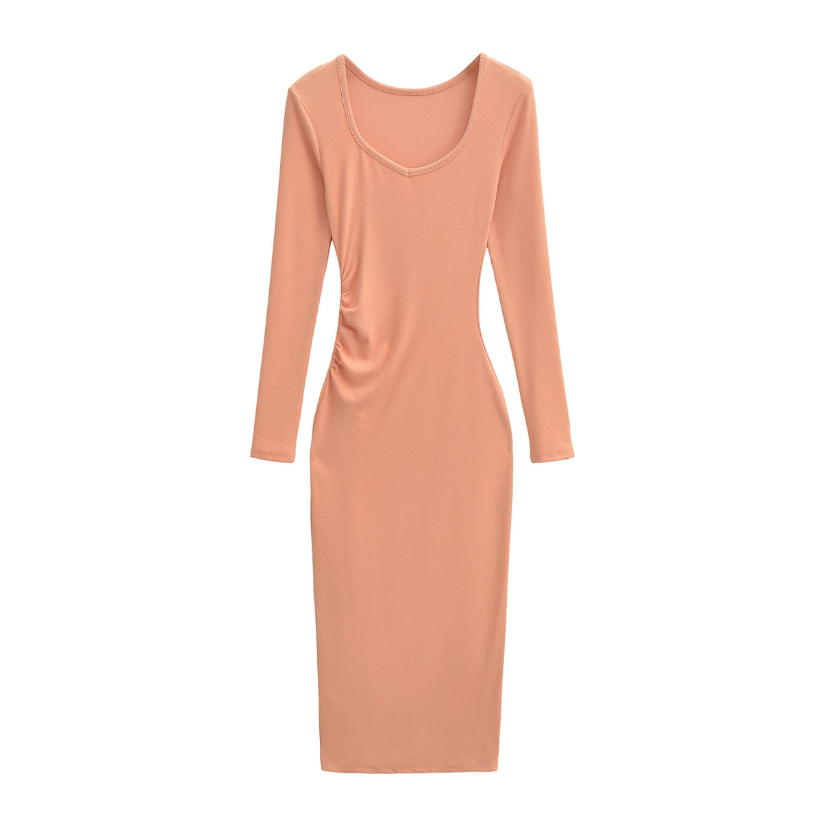 Women's Fitted Midi Dress with Side Ruching and Double Neckline EVA-US