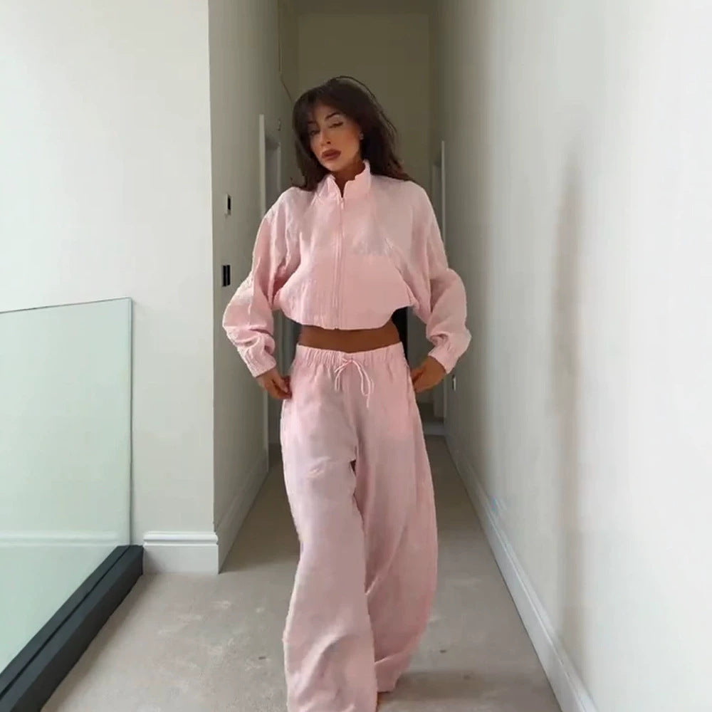 Women’s Casual Satin Tracksuit with Short Zipper Top & Wide Drawstring Pants EVA-US