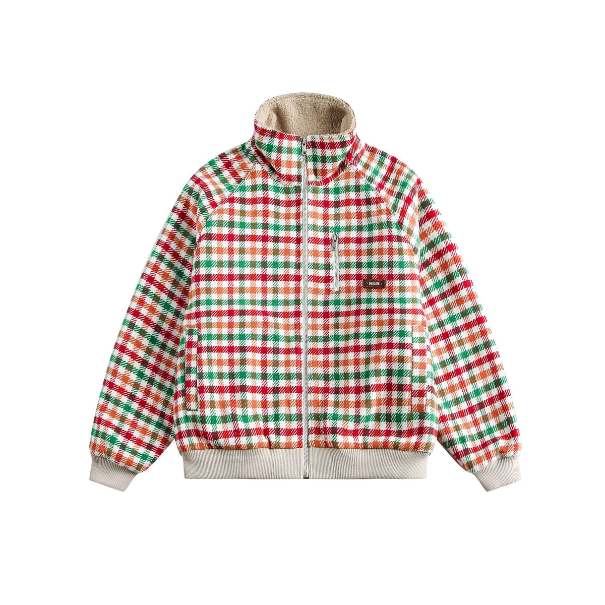 Women's Checkered Teddy Fleece Blouson in Boxy Cut with Stand Collar EVA-US