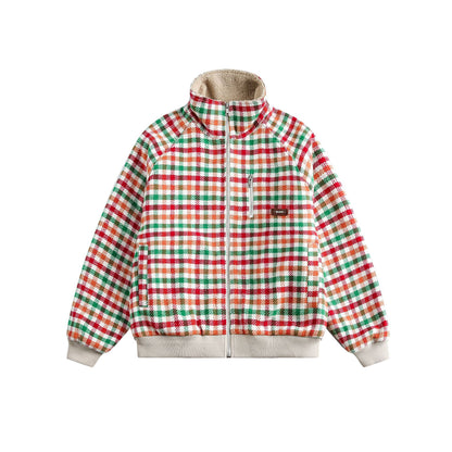 Women's Checkered Teddy Fleece Blouson in Boxy Cut with Stand Collar EVA-US