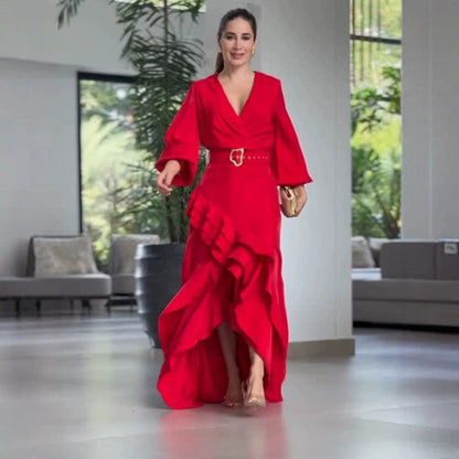 Women's Elegant Wrap Maxi Dress with Ruffles, Fitted Belt & Wide Bell Sleeves EVA-US
