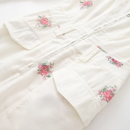 Women Long Jumpsuit with Floral Print, V-Neck, Zipper and Drawstring EVA-US