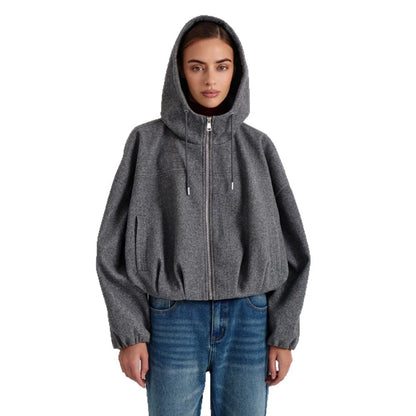 Women’s short jacket made of wool blend with hood, boxy silhouette & gathered hem EVA-US