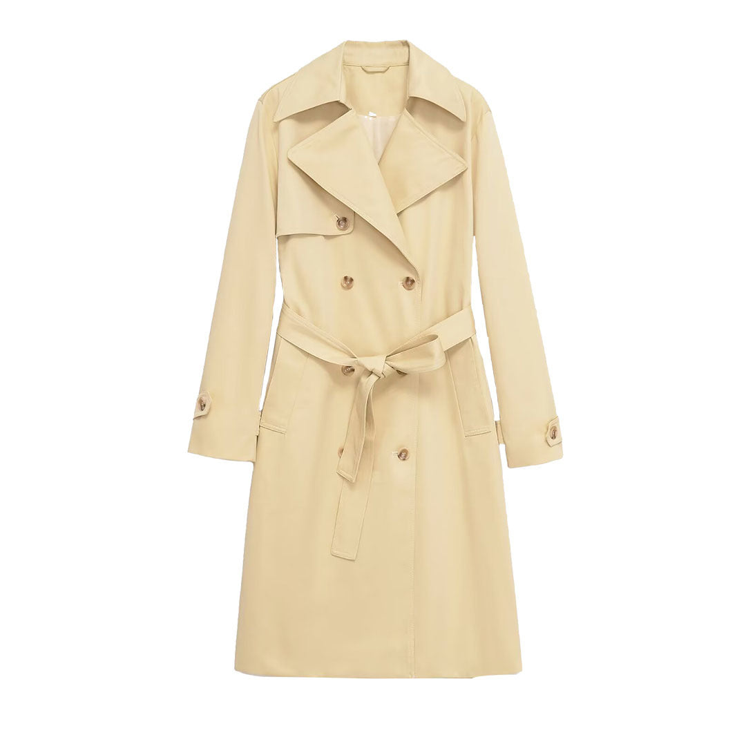 Women's midi trench coat made of lightweight functional fabric with tied belt and storm flap EVA-US