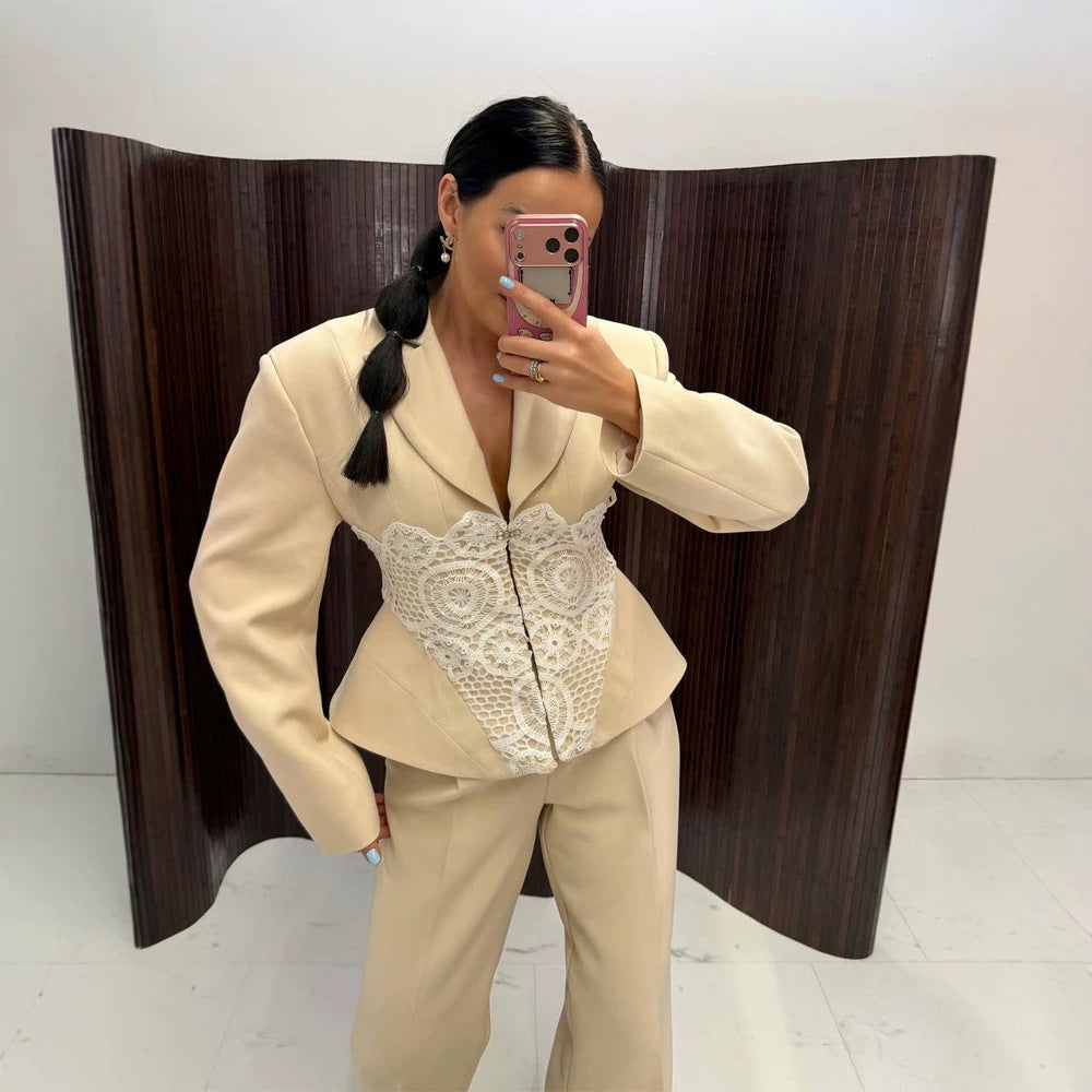 Women's Two-Piece Suit Set with Tailored Blazer, Lace Corset and Wide Palazzo Pants EVA-US