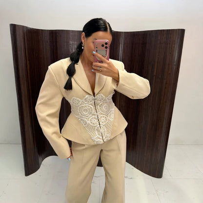 Women's Two-Piece Suit Set with Tailored Blazer, Lace Corset and Wide Palazzo Pants EVA-US
