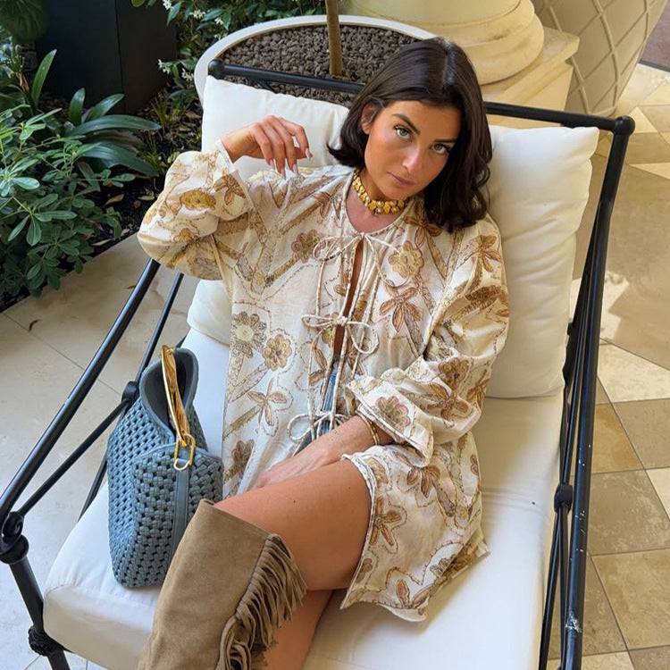 Women's Embroidered Linen Tunic Jacket with Drawstring, Volume Sleeves & Loose Silhouette EVA-US