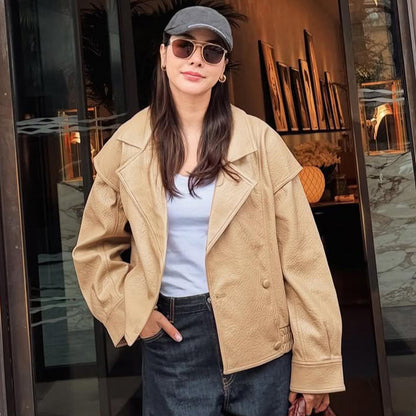 Women's Oversized Faux Leather Bomber Jacket with Boxy Cut and Wide Lapels EVA-US