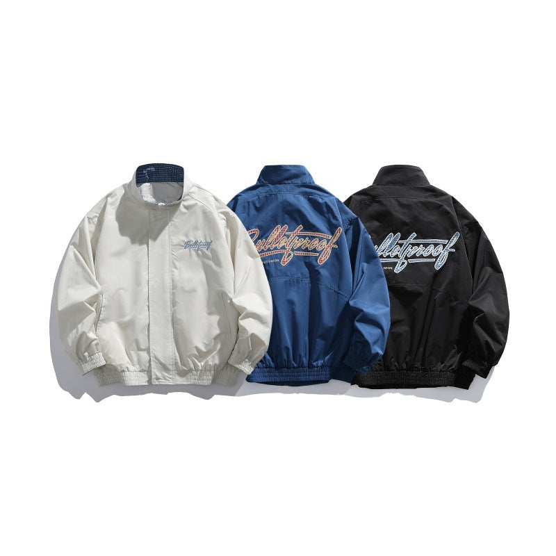 Unisex Lightweight Boxy Blouson Jacket with Stand-up Collar, Elastic Cuffs and Embroidered Chest Detail EVA-US