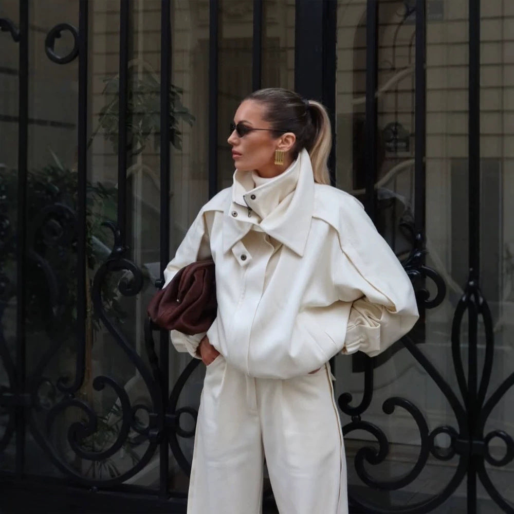 Women's Two-Piece Oversized Jacket and Pleated Pants Set with High Stand Collar EVA-US