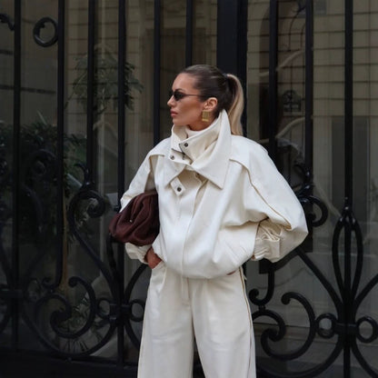 Women's Two-Piece Oversized Jacket and Pleated Pants Set with High Stand Collar EVA-US