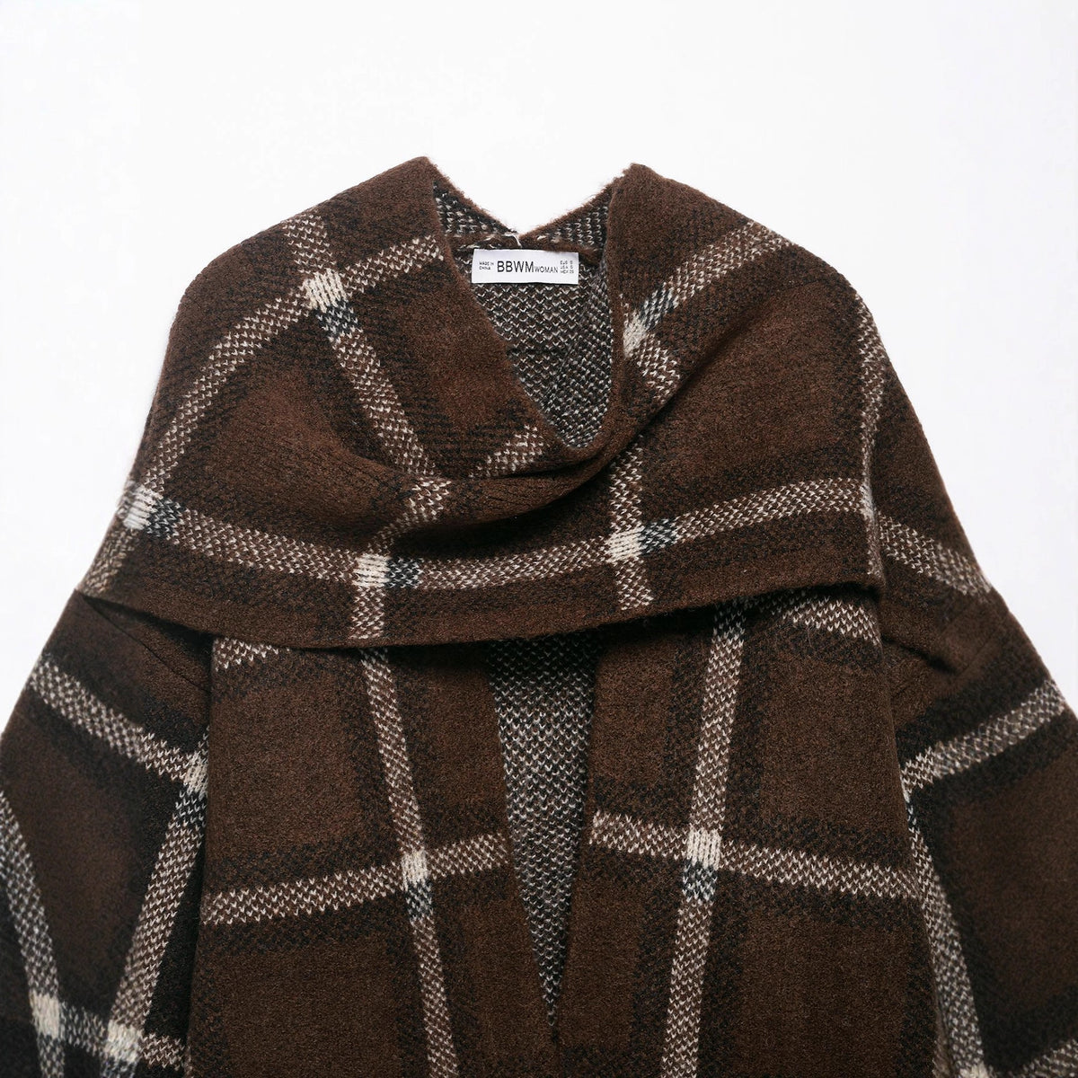 Women Oversized Cape Cardigan with Hood, Patch Pockets and Check Pattern EVA-US