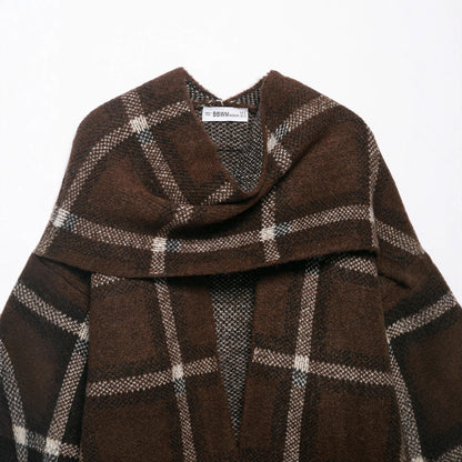Women Oversized Cape Cardigan with Hood, Patch Pockets and Check Pattern EVA-US