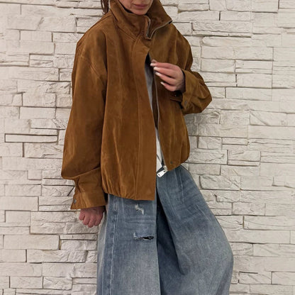 Women Oversize Velour Leather Blouson with High Stand Collar and Metal Zipper EVA-US