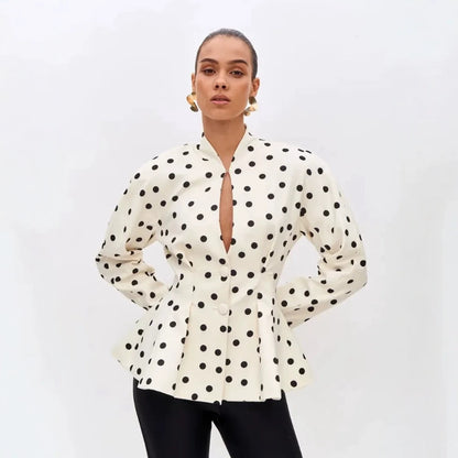 Women Polka Dot Tailored Peplum Blouse with Stand-Up Collar and Concealed Button Placket EVA-US