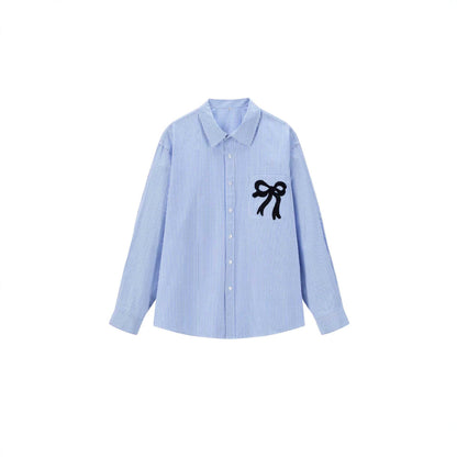 Women's oversized shirt blouse with fine pinstripe and embroidered bow chest pocket EVA-US
