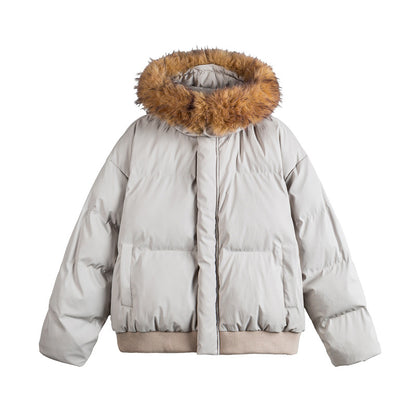 Women's short cropped quilted jacket with faux fur hood and elastic hem EVA-US