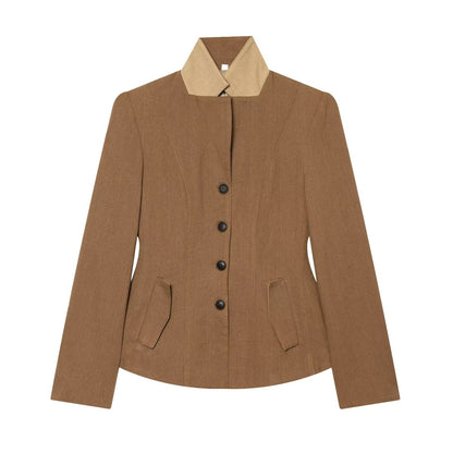 Women's Tailored Short Blazer Jacket with Contrast Collar and Flap Pockets EVA-US