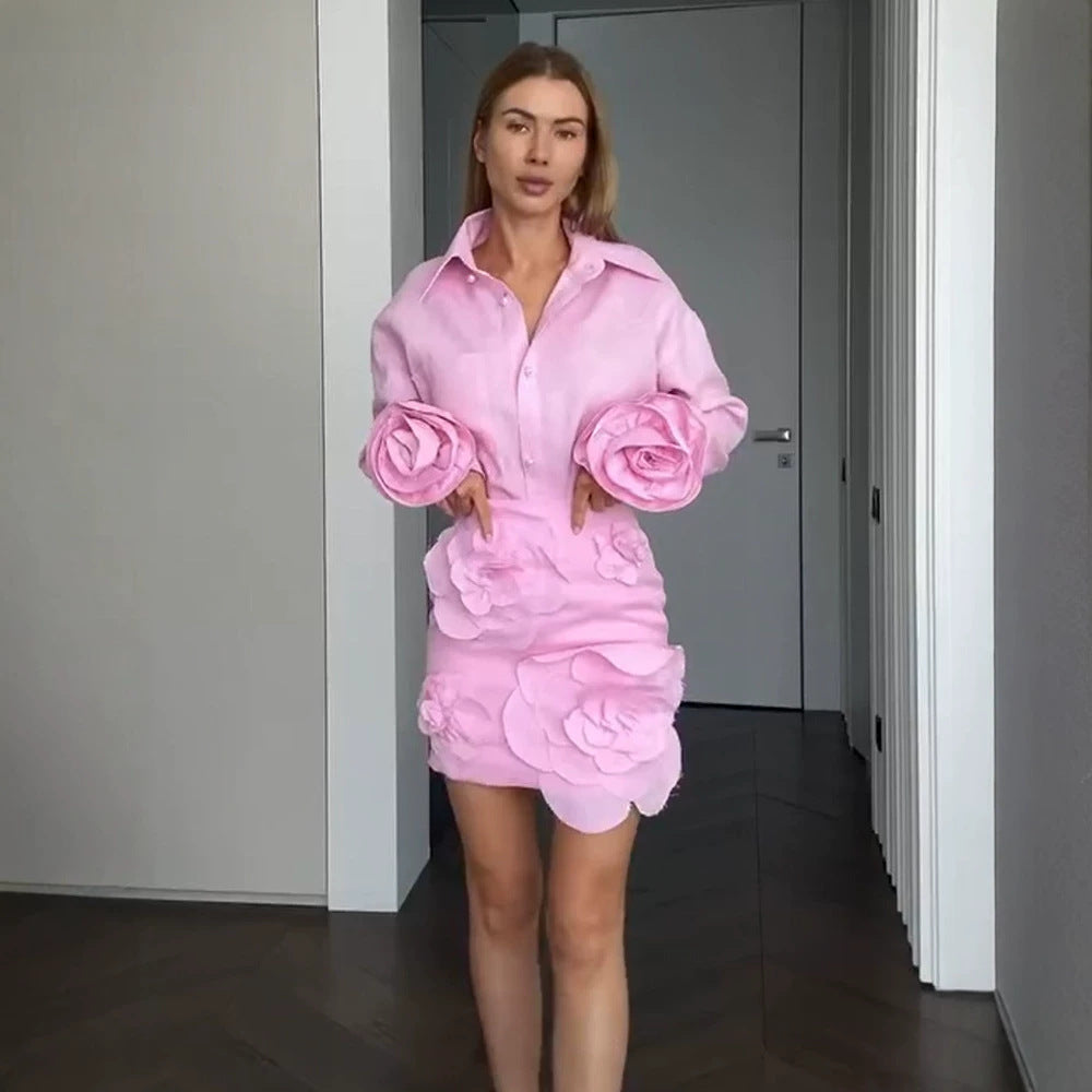 Women's Shirt Blouse-Mini Skirt Set with Voluminous 3D Rose Appliqués and Pearl Details EVA-US