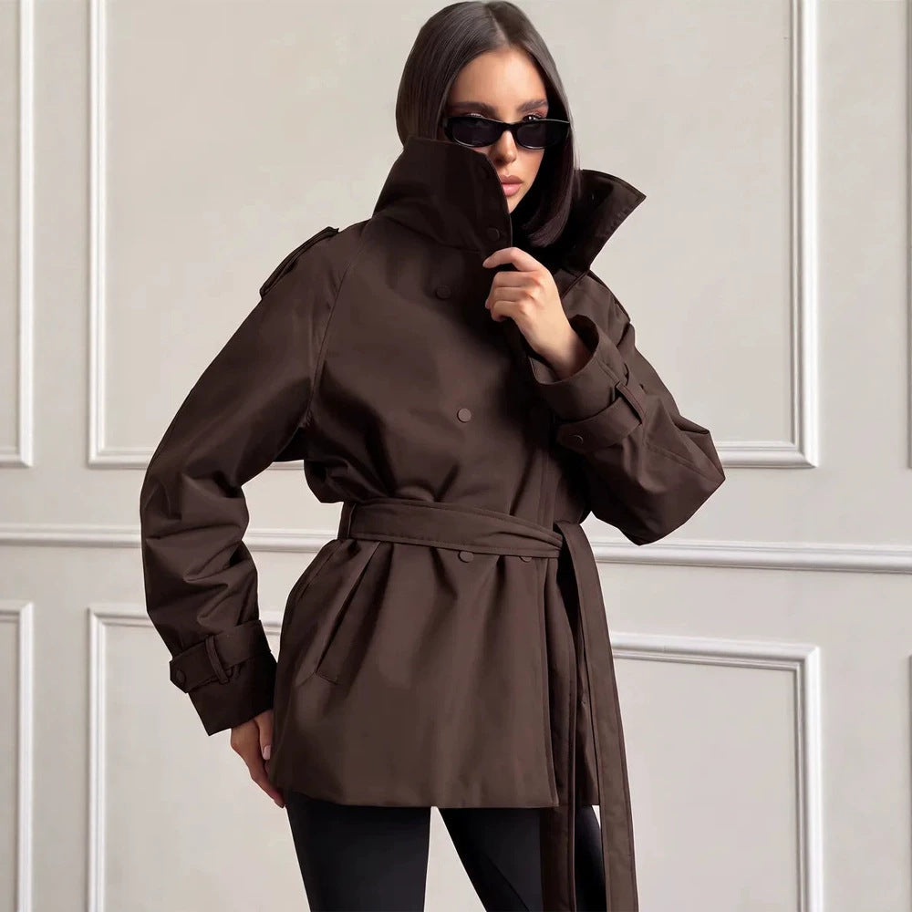 Women Short Technical Trench with High Collar Flap, Double Press Button Placket and Tailoring Tie Belt EVA-US