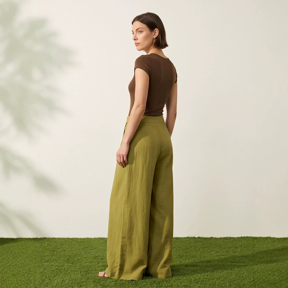 Women High-Waist Wrap Palazzo Pants with Wide Leg and Flowing Linen Look EVA-US
