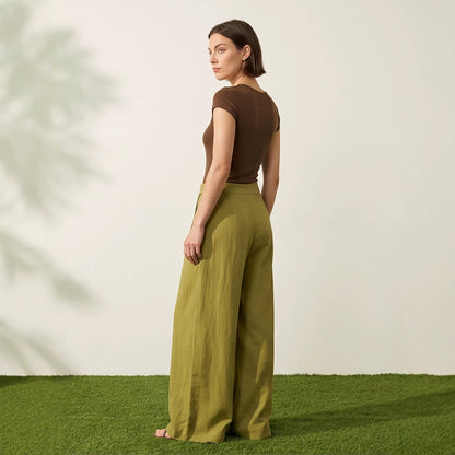 Women High-Waist Wrap Palazzo Pants with Wide Leg and Flowing Linen Look EVA-US